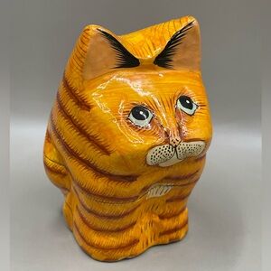 VTG Orange Tabby Cat Paper Mache Laquer Hand Painted Jewelry Trinket Box India